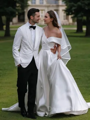 A-Line Off-the-Shoulder Cathedral Train Satin Wedding Dresses