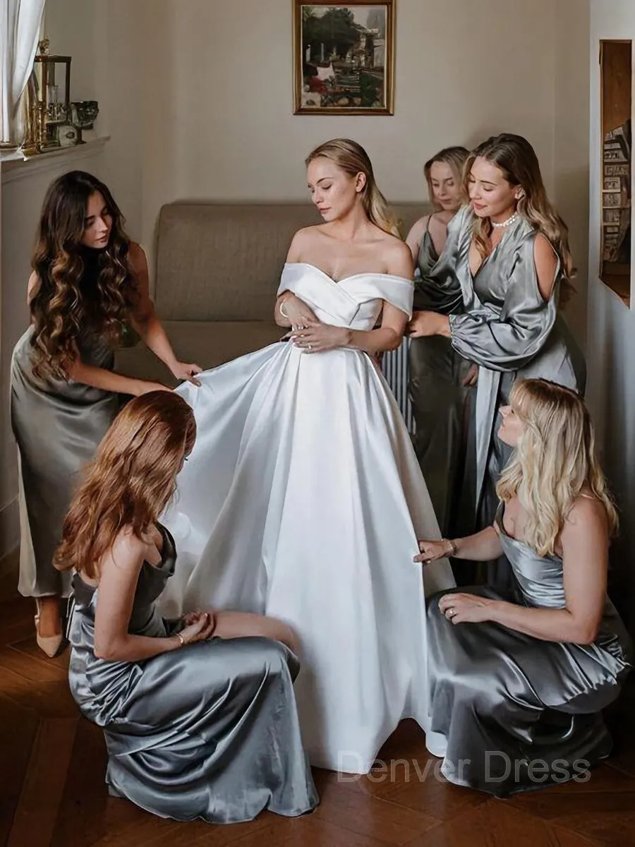 A-Line Off-the-Shoulder Cathedral Train Satin Wedding Dresses