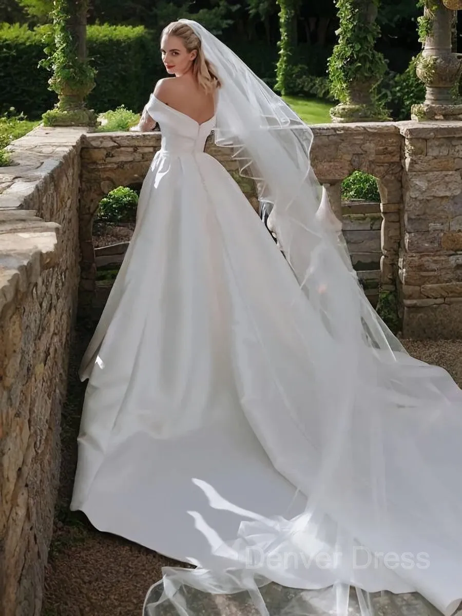 A-Line Off-the-Shoulder Cathedral Train Satin Wedding Dresses