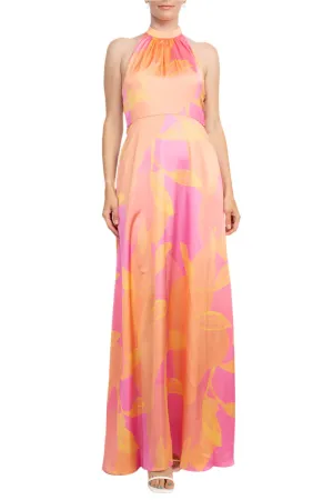 Aidan Mattox Halter Tie Neck Zipper Back Multi Print Satin Gown