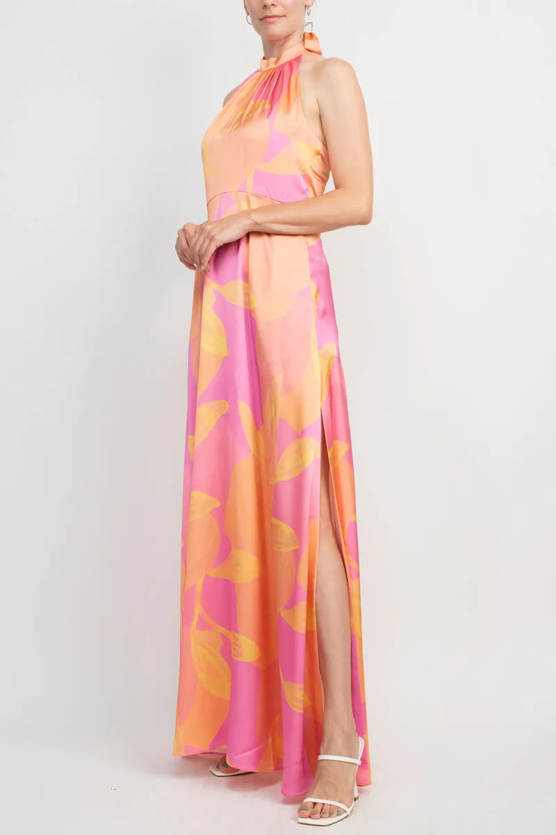 Aidan Mattox Halter Tie Neck Zipper Back Multi Print Satin Gown