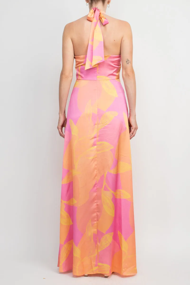 Aidan Mattox Halter Tie Neck Zipper Back Multi Print Satin Gown