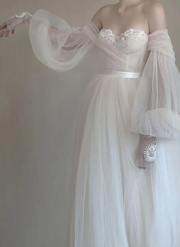 Chic Flowy Long Sleeve Ivory Wedding Dress Strapless Bridal Dress