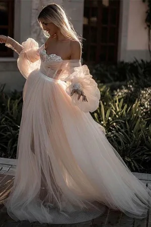 Chic Flowy Long Sleeve Ivory Wedding Dress Strapless Bridal Dress
