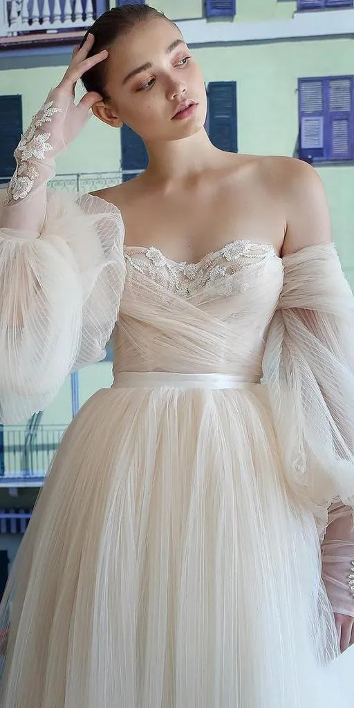 Chic Flowy Long Sleeve Ivory Wedding Dress Strapless Bridal Dress