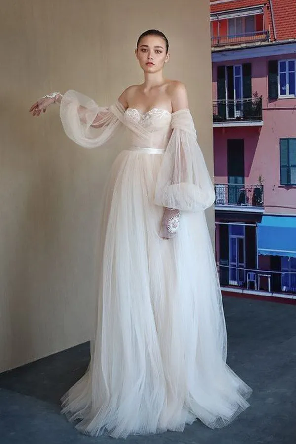Chic Flowy Long Sleeve Ivory Wedding Dress Strapless Bridal Dress