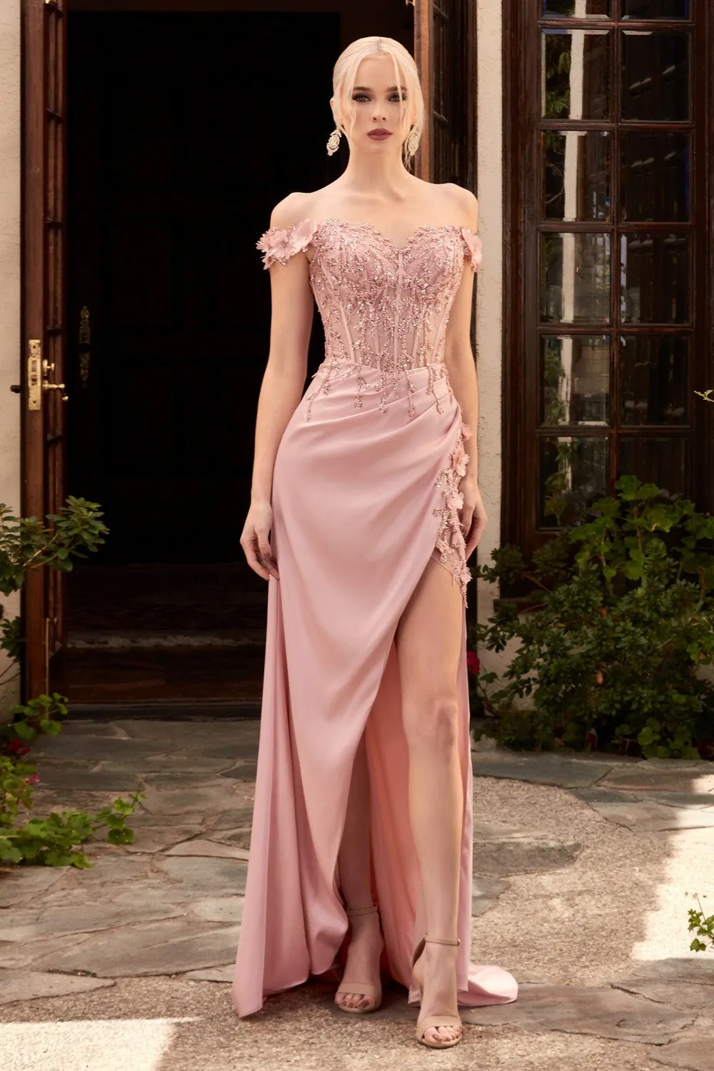 Covet Satin Off Shoulder Prom Dress 740186TRR-Blush LaDivine CD0186 Cinderella Divine CD0186