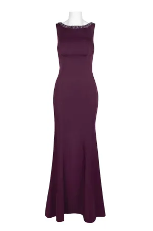 Dave & Johnny Embellished Boat Neck Sleeveless Bodycon Cutout Back Solid Satin Gown