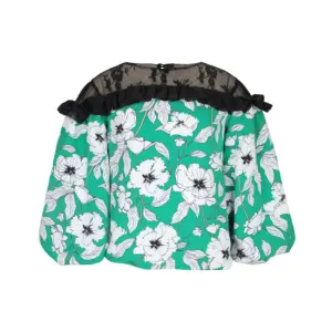 FLORAL PRINT PUFF SLEEVE BLOUSE WITH CHANTILY LACE AS YOKE AND RUFFLE
