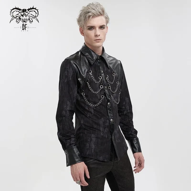 Men's Gothic Faux Leather Splice Chain Shirt