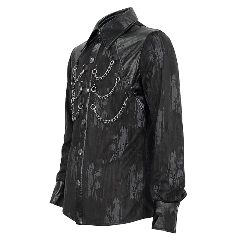 Men's Gothic Faux Leather Splice Chain Shirt
