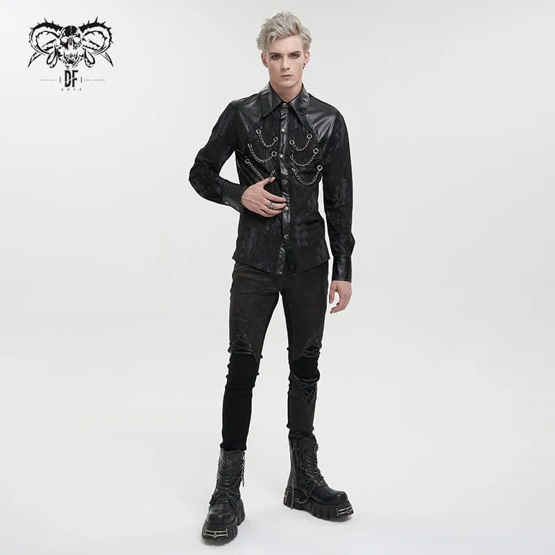 Men's Gothic Faux Leather Splice Chain Shirt