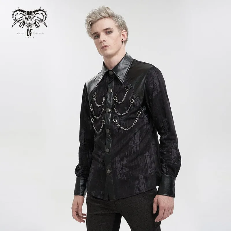 Men's Gothic Faux Leather Splice Chain Shirt