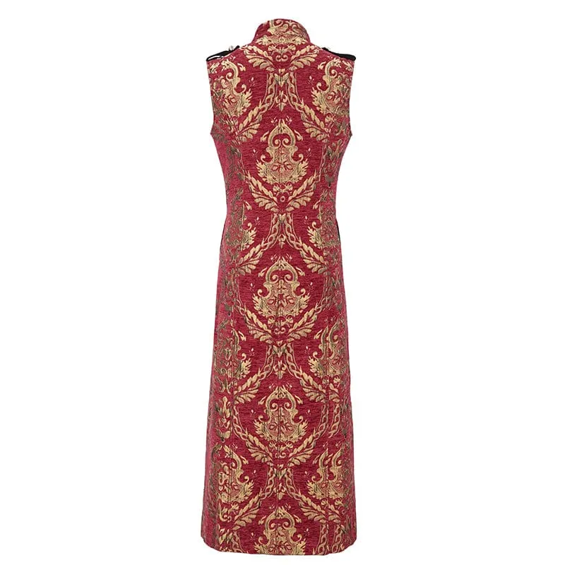 Men's Gothic Stand Collar Totem Embroidered Waistcoat Red