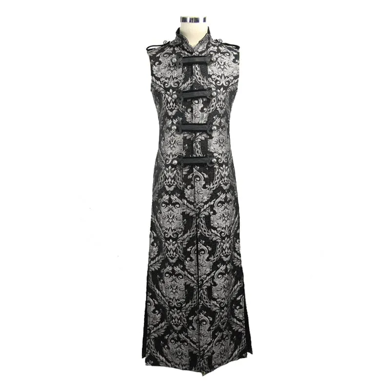Men's Gothic Stand Collar Totem Embroidered Waistcoat Silver