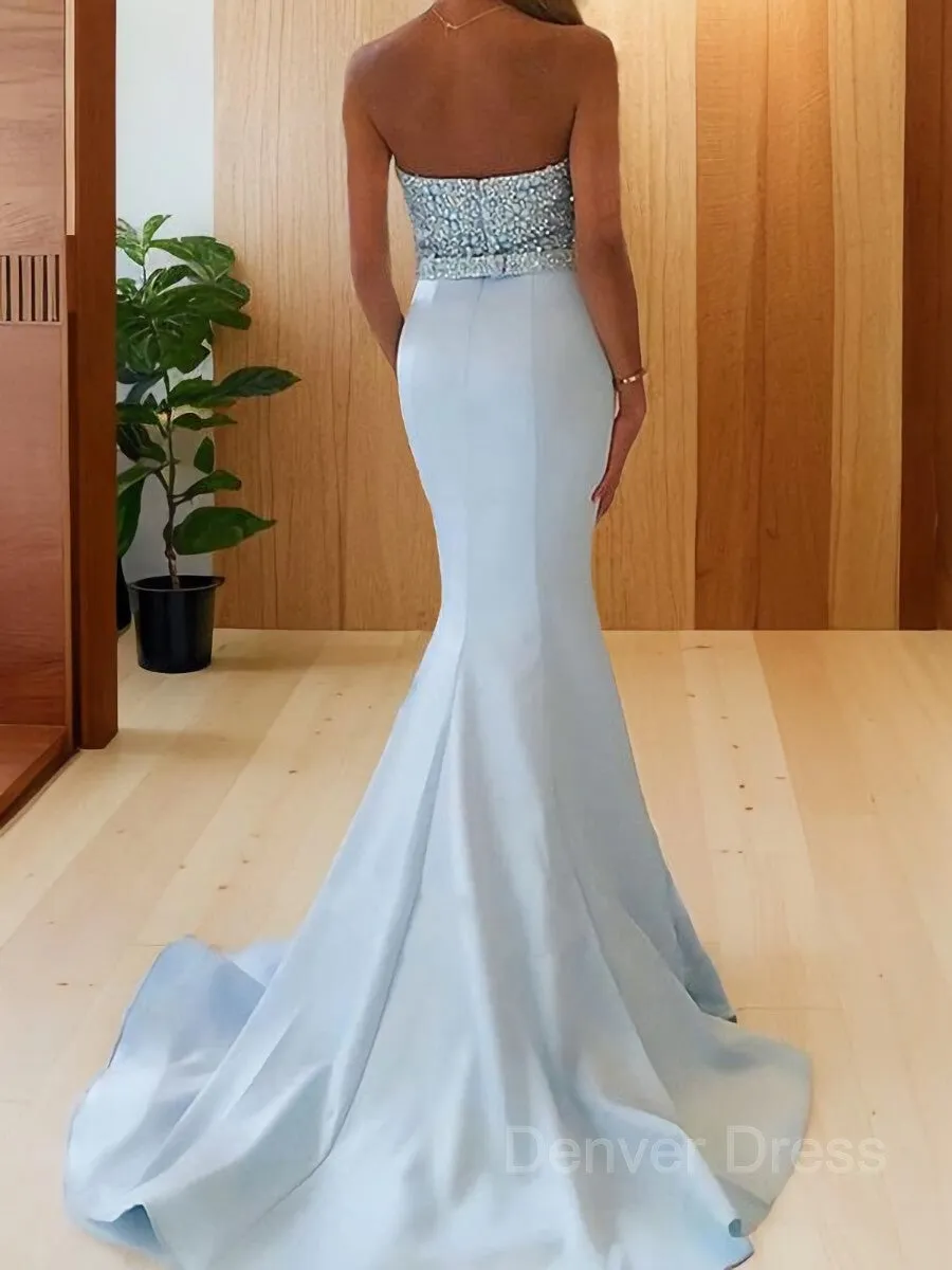 Mermaid Sweetheart Sweep Train Satin Prom Dresses With Beading