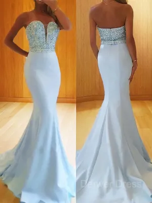 Mermaid Sweetheart Sweep Train Satin Prom Dresses With Beading
