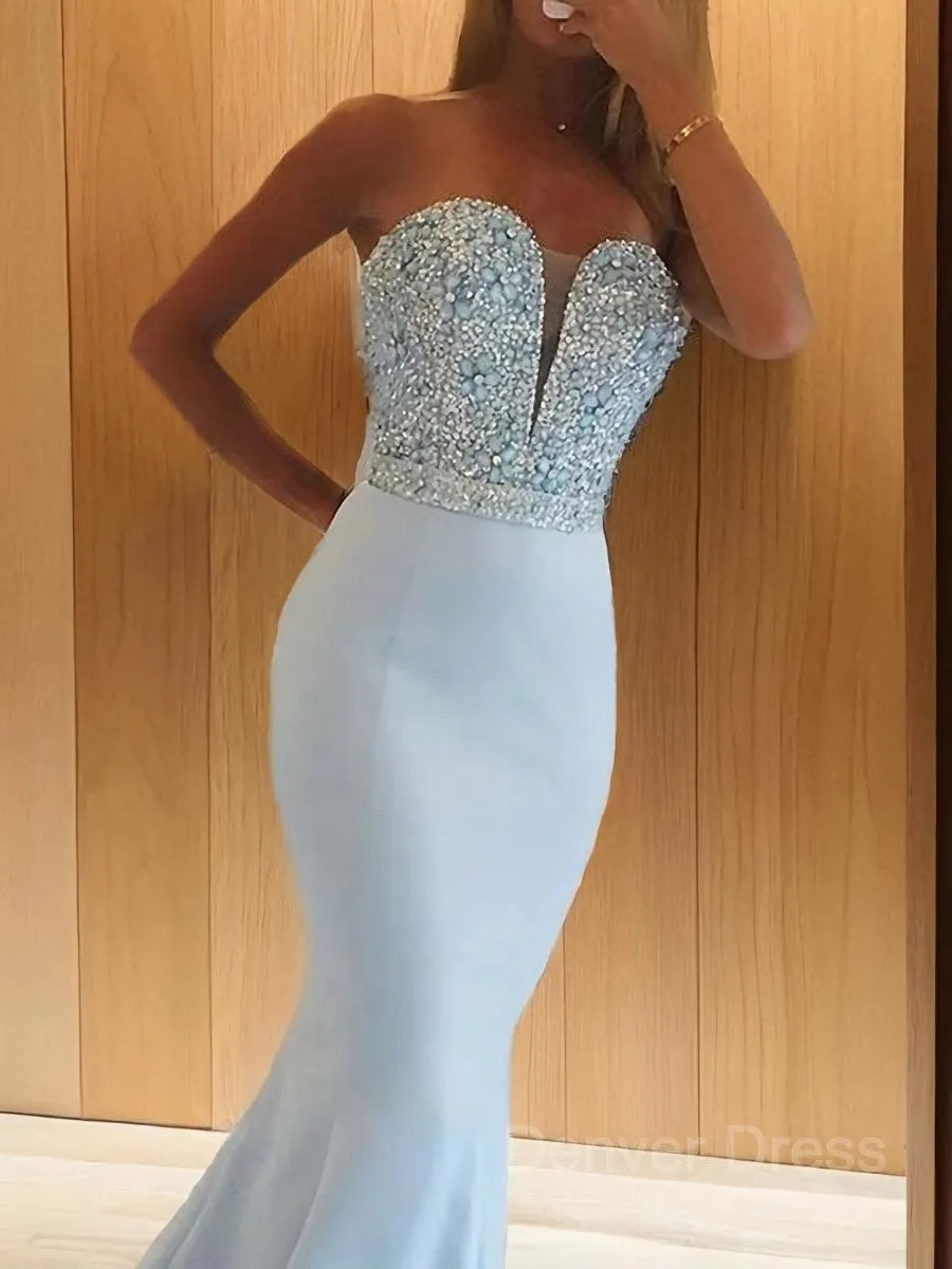 Mermaid Sweetheart Sweep Train Satin Prom Dresses With Beading