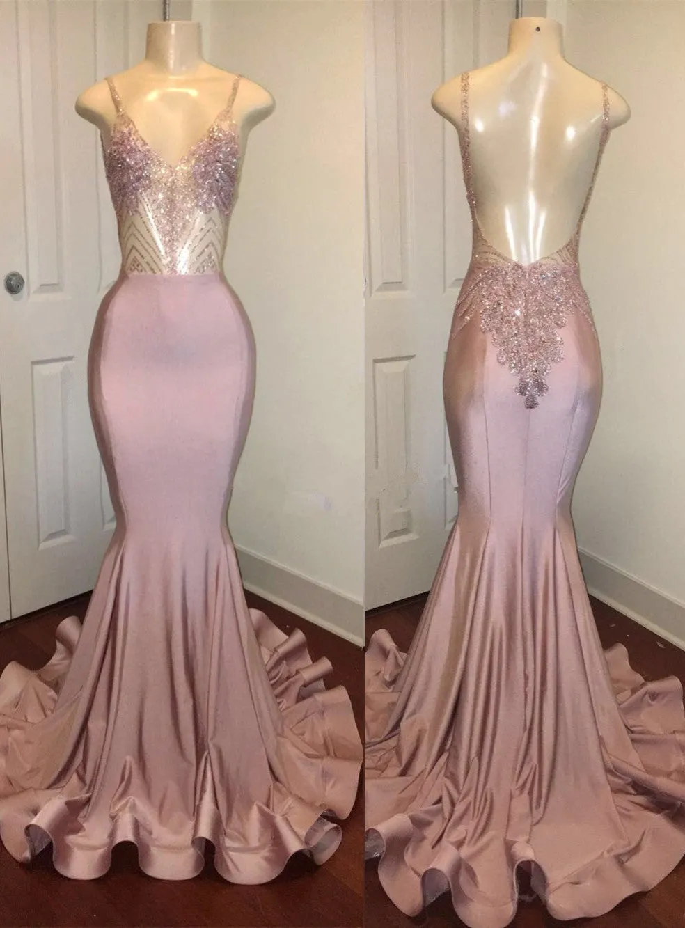 Newest Pink Beads Spaghetti Strap Prom Dress | Mermaid Prom Dress