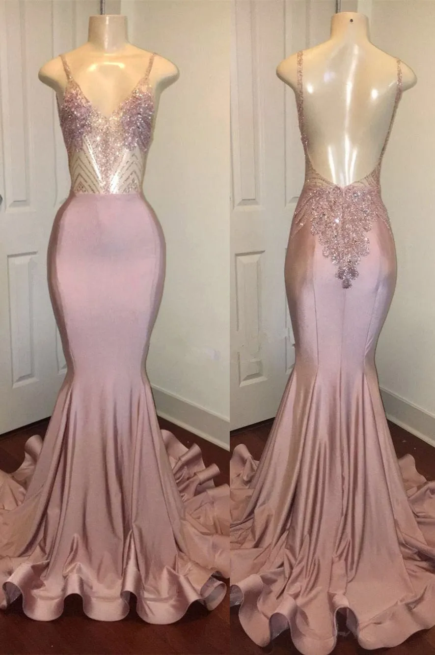 Newest Pink Beads Spaghetti Strap Prom Dress | Mermaid Prom Dress