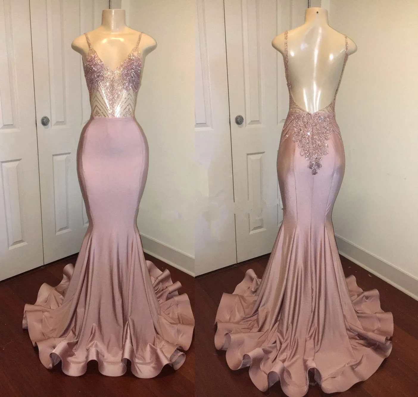 Newest Pink Beads Spaghetti Strap Prom Dress | Mermaid Prom Dress