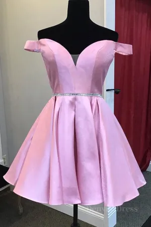Off the Shoulder Pink Satin Short Prom Homecoming Dress with Belt Off Shoulder Pink Formal Graduation Evening Dress