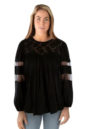 Pure Western Ladies Faye Lace Trim Blouse - Black - P3W2541705