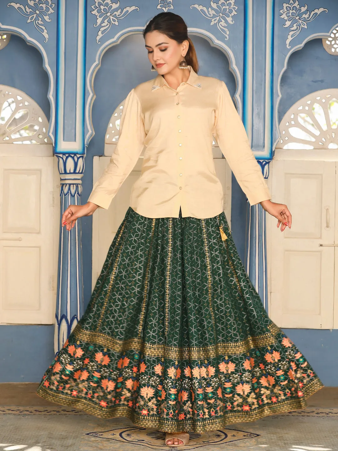 Silk Blend Beige Embellished Shirt