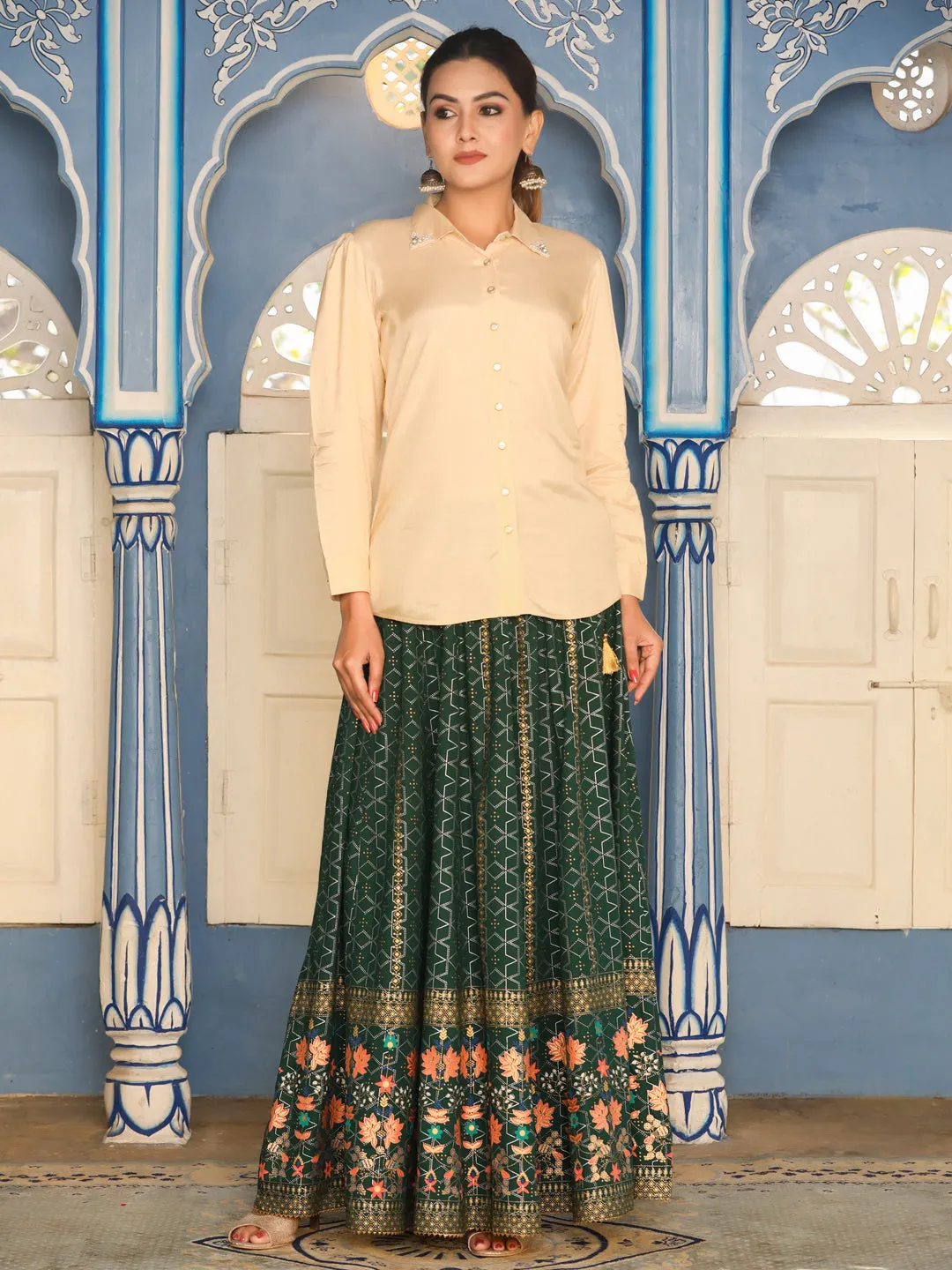 Silk Blend Beige Embellished Shirt
