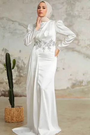 Snow White Puff Sleeves Side Draped Satin Gown