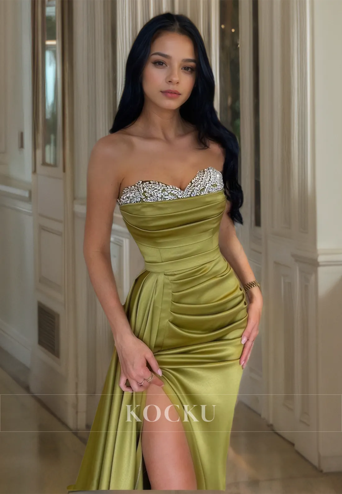 Sweetheart Sleeveless Sheath High Slit Train Ruched Satin Party Gown Prom Dress with Beads