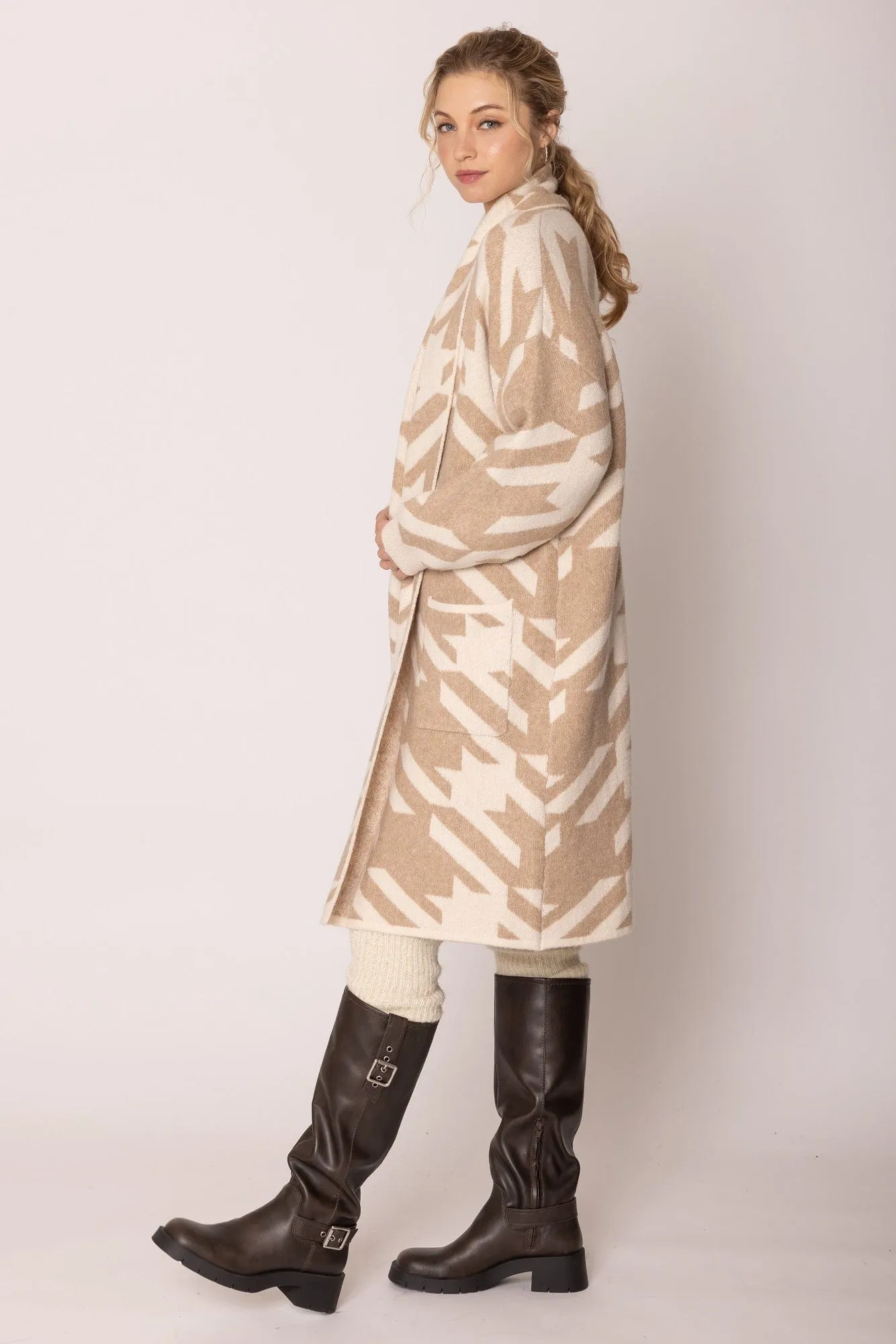 WCC420030 Houndstooth Long Cardigan