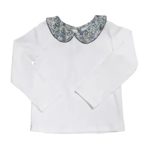 White Pima cotton Knit Printed floral Peter Pan Collar Girl's Top