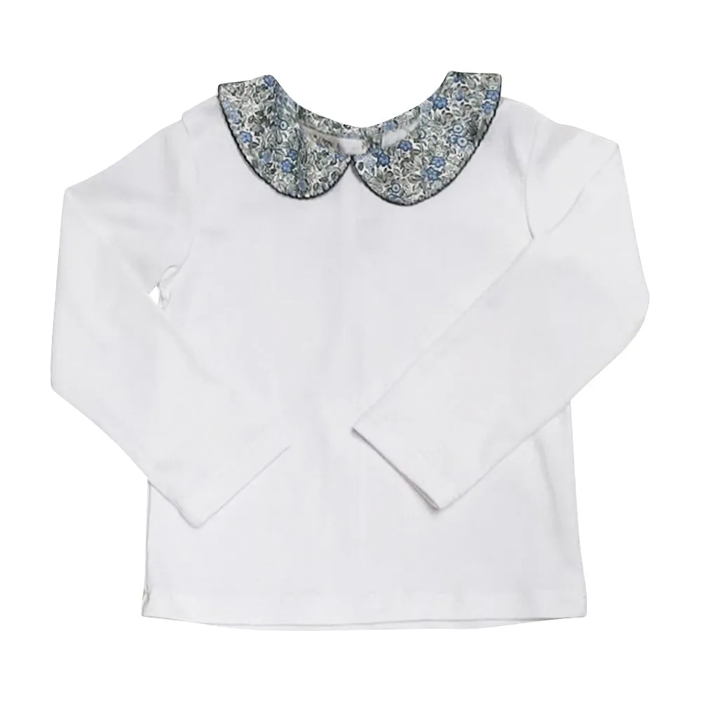 White Pima cotton Knit Printed floral Peter Pan Collar Girl's Top